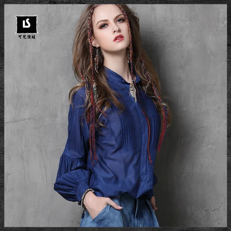 Для женщин Блузки для малышек 2018 Кир Винтаж шелк blusas стоять воротник Фонари