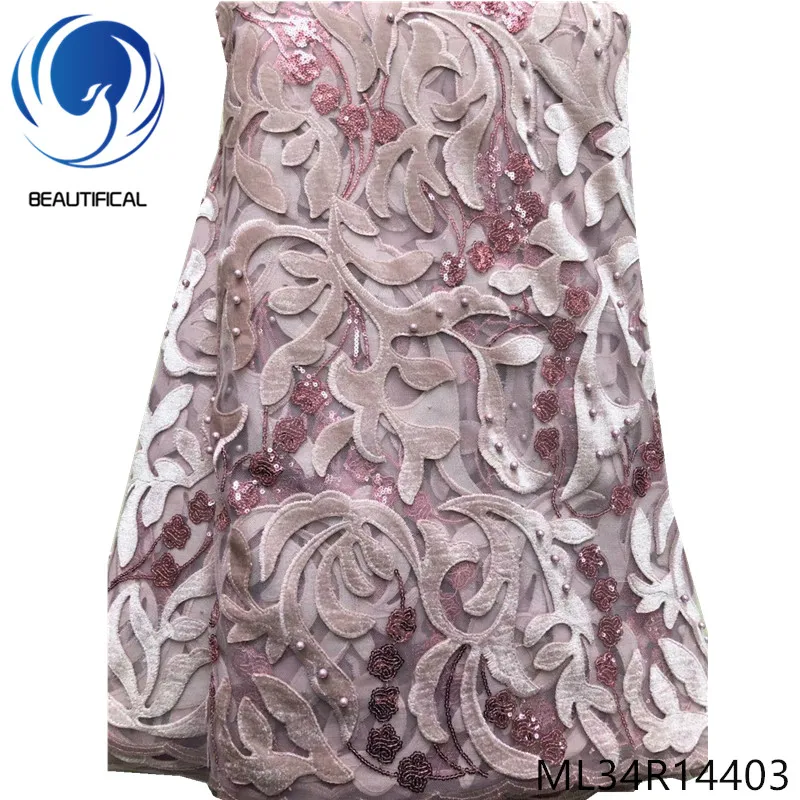 

Beautifical Nigerian lace fabrics for women New design sequins net lace Flannel fabrics embroidery lace beads fabric ML34N144