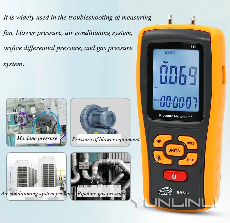 Цифровой Дифференциальный Манометр портативный измеритель давления воздуха Манометр сопротивление фильтра детектор давления газа GM510