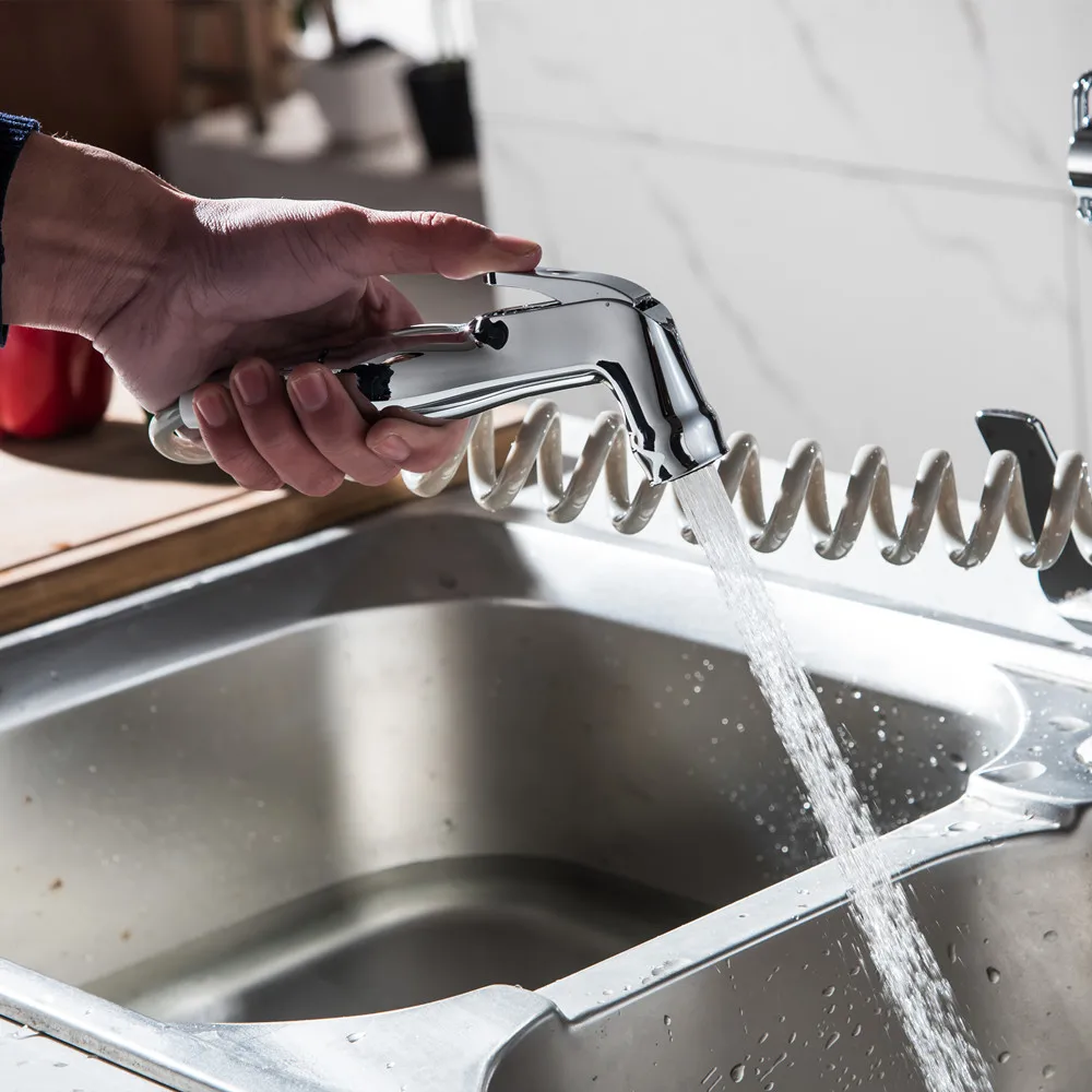 Pull out Side Sprayer Dual Spout Single Handle Mixer  Hot And Cold Deck Mounted  Kitchen Faucets Sink Faucet 360 Rotation Taps49