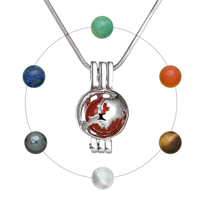 

USTAR New Earth World Map Pendant Necklaces for women Silver Plated Snake Chain Necklace 7 Stone Beads to Change