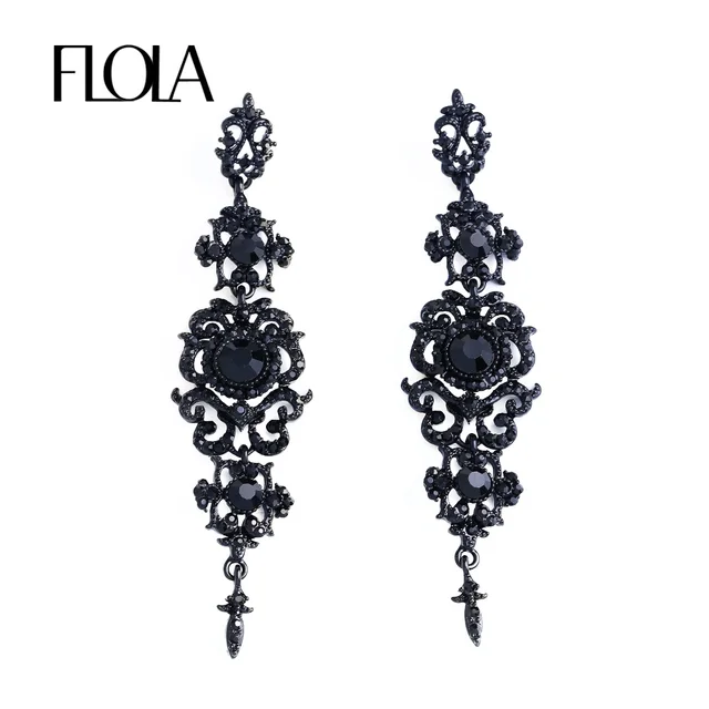 Flola Vintage Black Earrings With Stones Long Chandelier Drop Flola Vintage Black Earrings With Stones Long Chandelier Drop Gothic Fashion Jewelry For Women