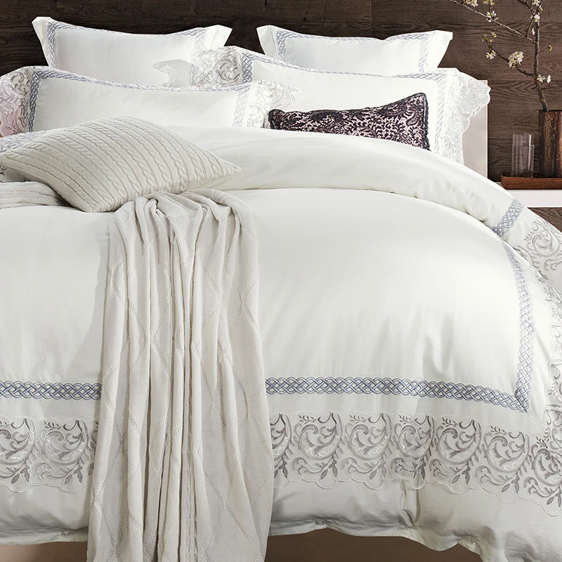 cheap 2019 Princess Embroidered Lace Bedding Sets Queen King Size Bedlinen 100% Cotton Quilt Cover Set Solid Color