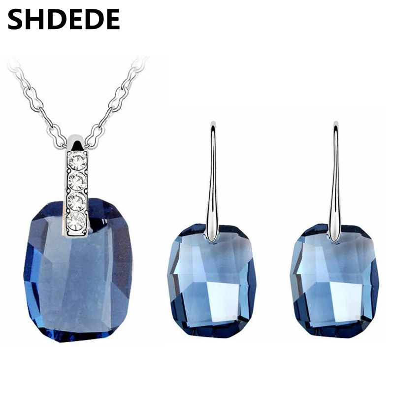 

SHDEDE Crystal from Swarovski Women Jewelry Sets Necklaces Pendant Blue Square Geometric Female Long Dangle Drop Earrings -5322