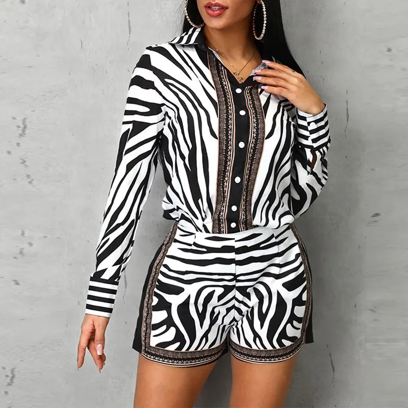 

2019 Women Zebra Print Buttons Shirt & Zipper Short Two Piece Sets Turn Down Collar Long Sleeve Tops and Shorts Casual Workwear