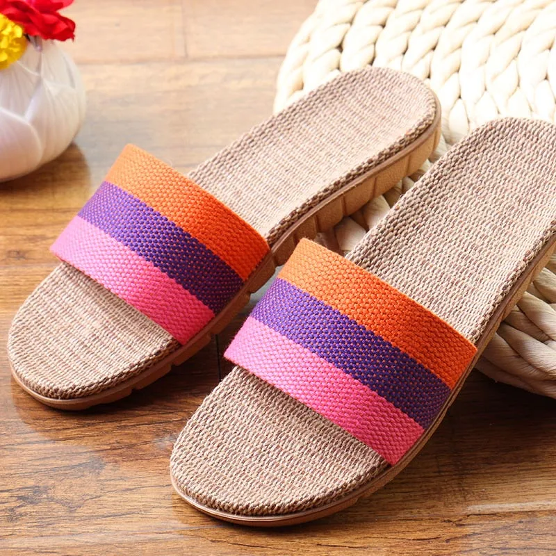 Summer Home Slippers Men Shoes Linen Flip Flops Striped Couples Slides Antiskid Indoor Slippers Flat Home Shoes Pantoufle Homme - Цвет: Оранжевый