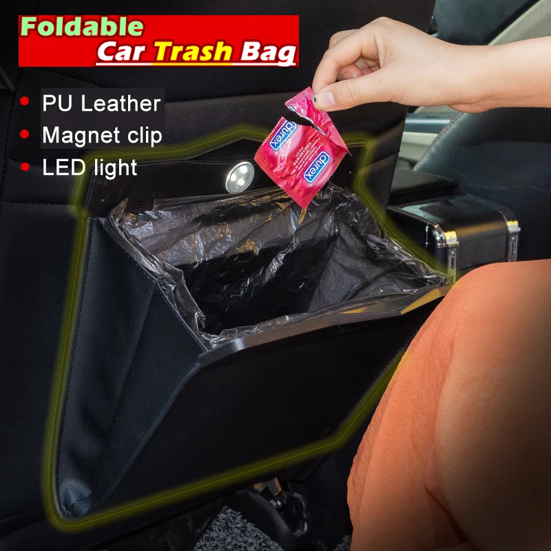 

New Arrival! Car Accessories Foldable Car Rubbish Bag Foldable Hanging Car Storage Bag PU Leather Trash Bin Trash Bag for Car