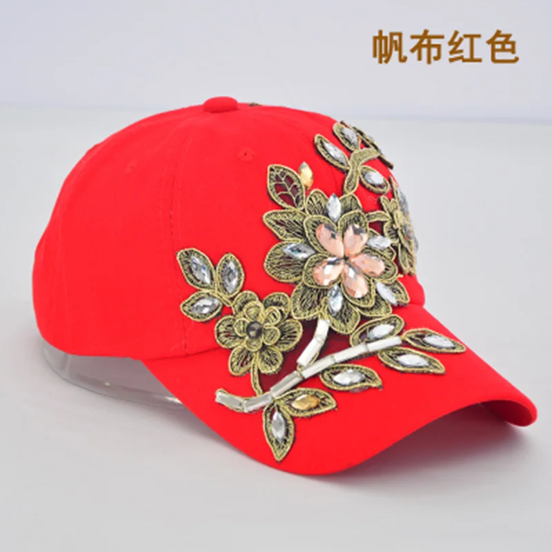 Женская бейсбольная кепка Алмазная вышивка цветок джинсовая бейсболка Шляпы джинсы женская кепка ковбойская летняя Солнцезащитная шляпа - Цвет: Красный