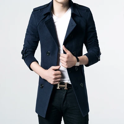 Men Woolen Coat Business Casual Coat Winter Warm Slim Jacket Solid Color Turn down Collar Outerwear