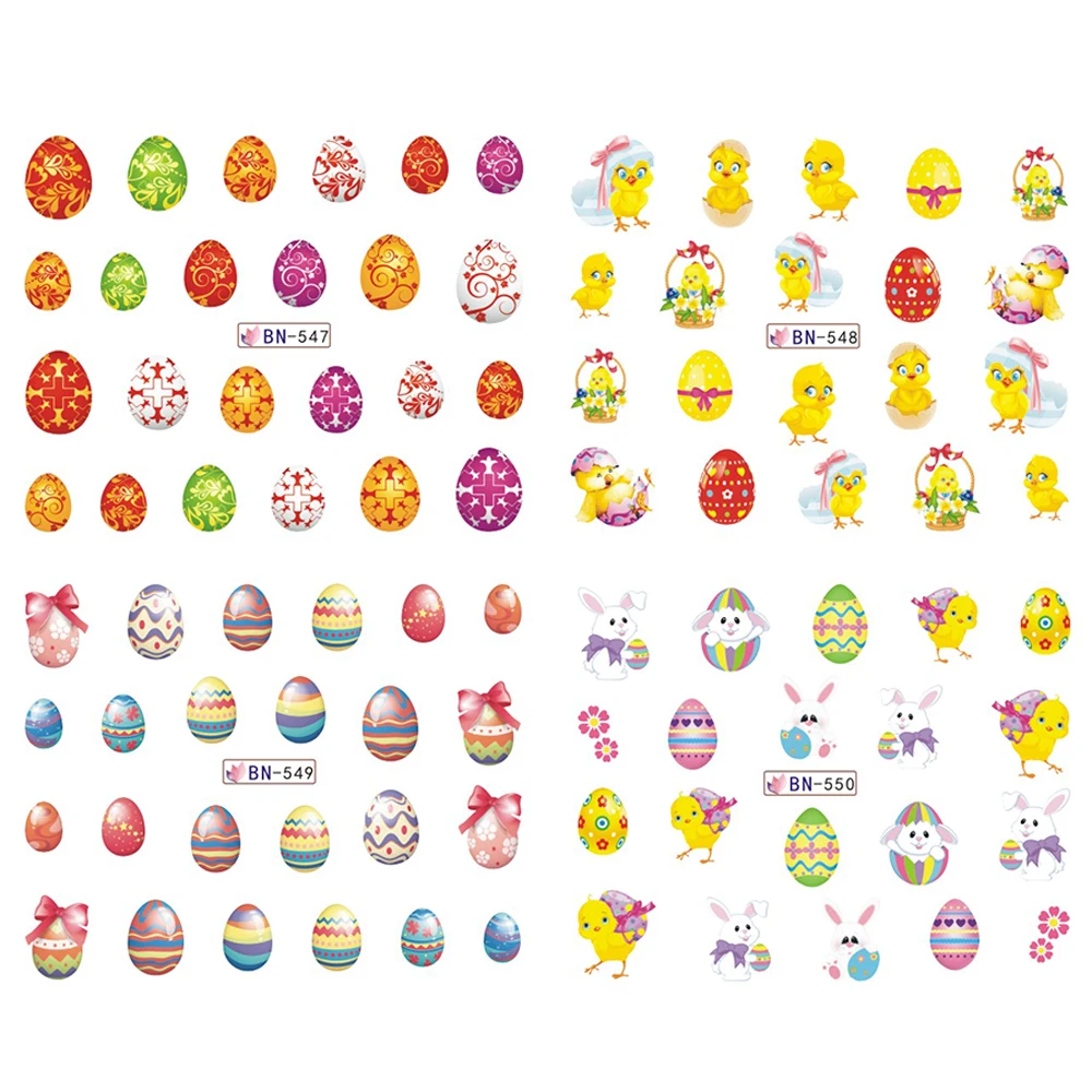 12 вариантов дизайна/наборы пасхальное яйцо кролик красочная наклейка Дизайн ногтей Переводные татуировки на водной основе DIY стикер для ногтей комбинированные Переводные картинки BN541-552