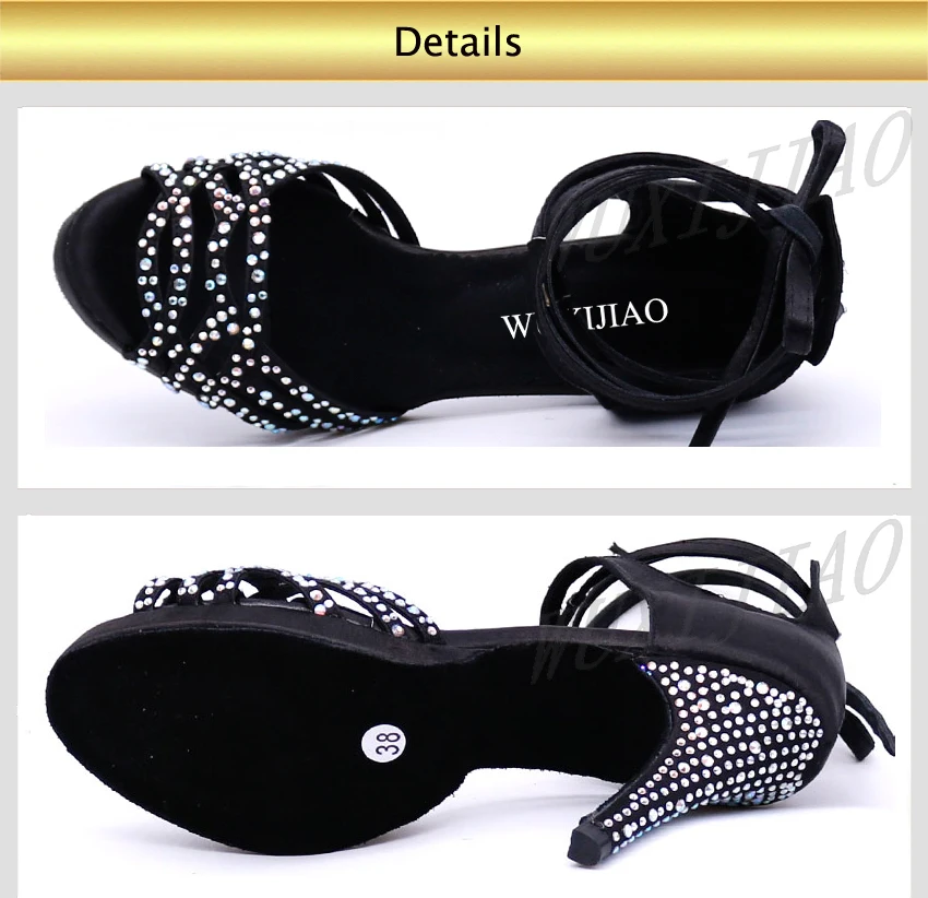 WUXIJIAO/Женская обувь для латинских танцев с черным сатиновым стразами; стильная обувь на высоком каблуке для сальсы; Танцевальная обувь на каблуке 10 см