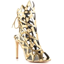 Fabulous Party Sandals Bright Gold Mesh Open-Toe Pump Laces Up At The Back 12Cm Stiletto Heel Sandal Shoes Ladies Hollow Out