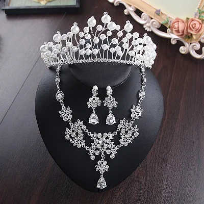Bride Diaries New Design Crystal Pearl Bride 3pcs Set Necklace Earrings Tiara Bridal Wedding Jewelry Set Accessories (6)