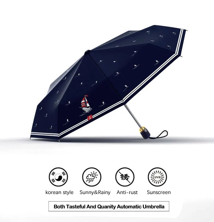 Olycat Для женщин автоматический зонт солнцезащитный крем парусник Стиль три складной зонтик дождь Для женщин Алюминий ветрозащитный 8 K темно-Paraguas