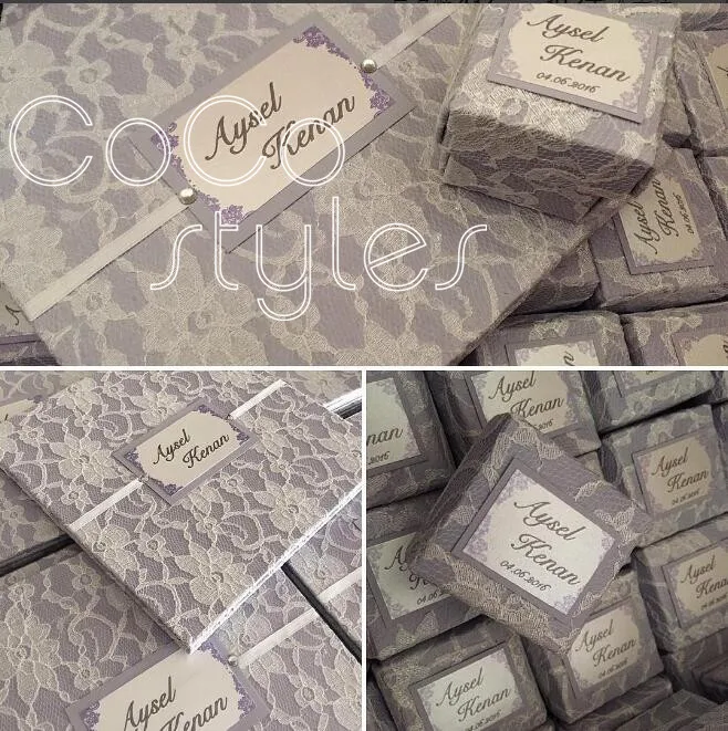  Cocostyles custom luxury lace hard cover invitation card with name tag and gift box for sweet party - 32865722507