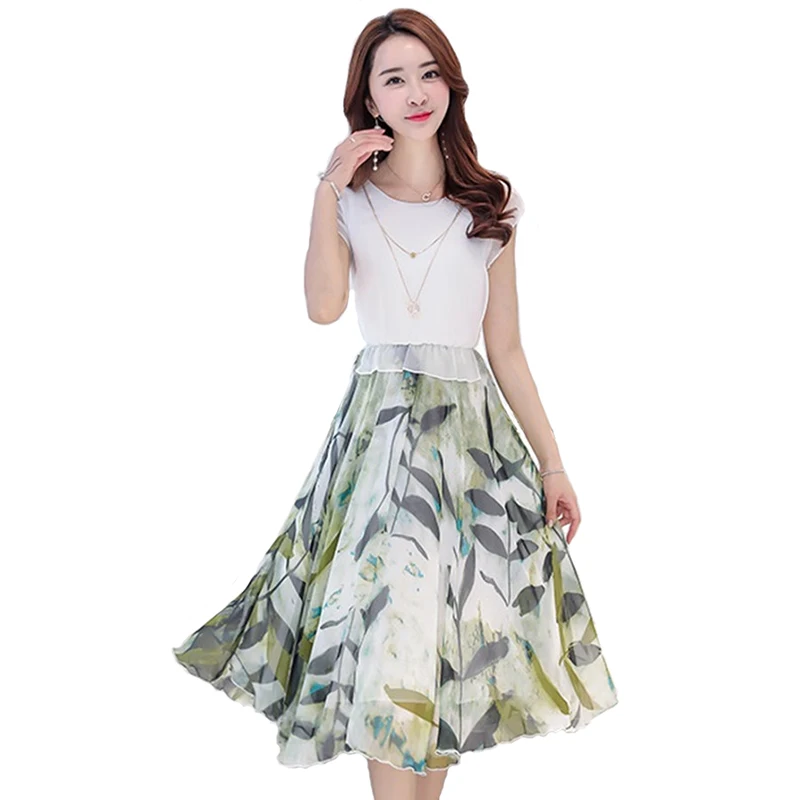 

New Print Chiffon Dress Women 2018 Summer Short sleeve Silk Fake two pieces Dresses Female Elegant High waist Beach Dresses H793