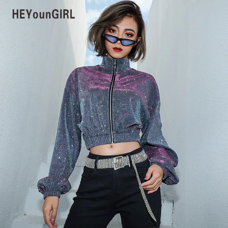 HEYounGIRL корейская мода блестящая короткая куртка для женщин Blingling повседневное пальто с отложным воротником женское однотонное пальто на молнии Весна