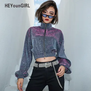

HEYounGIRL Korean Fashion Glitter Short Jacket Women Blingling Casual Turn-down Collar Coat Woman Solid Zipper Overcoat Spring