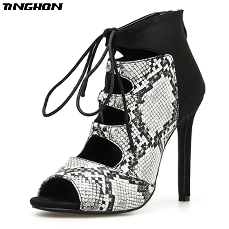

TINGHON Ladies Summer shoes high heels Print Serpentine Zapatos mujer Woman Sandals Gladiator Sexy Pumps Sandals Size 35-40