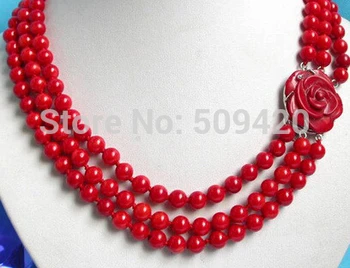 

Women Gift word Love Jewelry W&O655 >Elegant! 3row round red coral necklace natural Luxury Ms. girl Wedding Jewelry