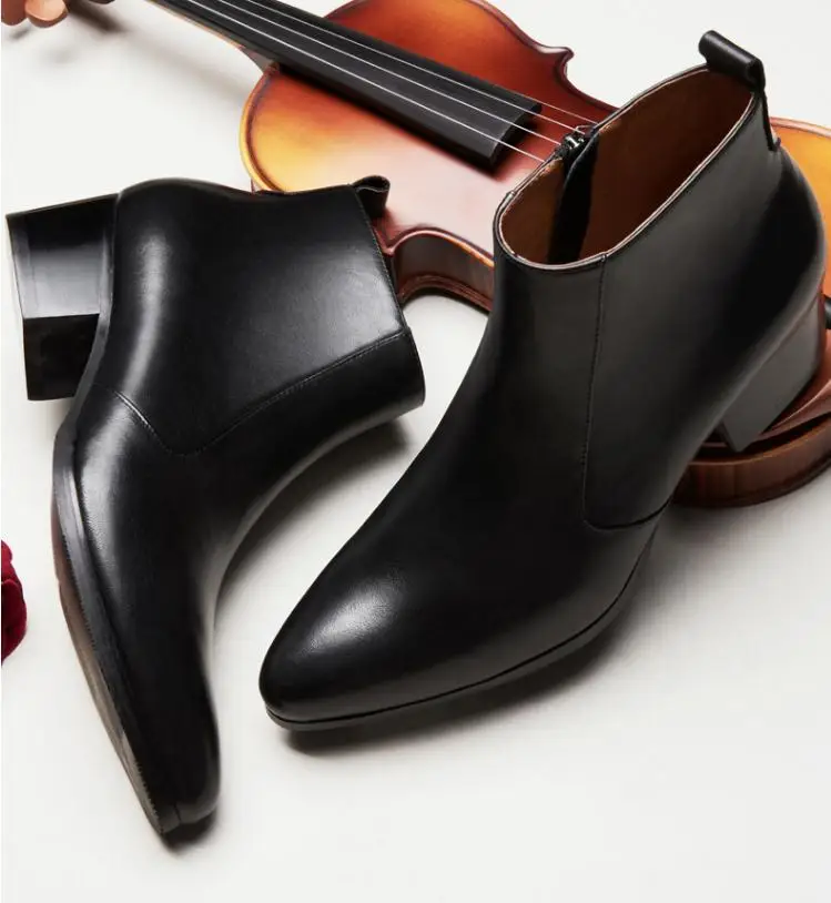 Autumn winter mens pointed toe genuine leather ankle boots men high heels quality wedding dress shoes career work boots botas 44