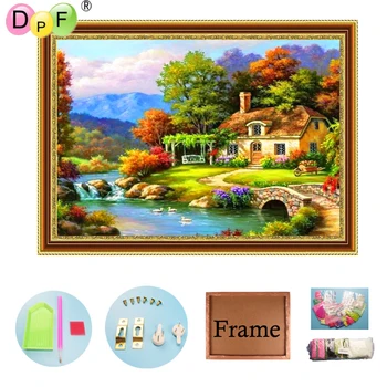 

DPF 5D Diamond Embroidery Riverside Cabin with Frame Diamond Painting Cross Stitch Home Decor Full Circle Diamond Mosaic Kits