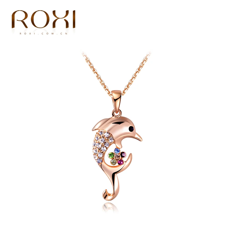 

ROXI Brand Jewelry Cute Dolphin Pendant Necklace Women Elegant Rhinestone Necklace Gold Color Chain Necklace Free Shipping