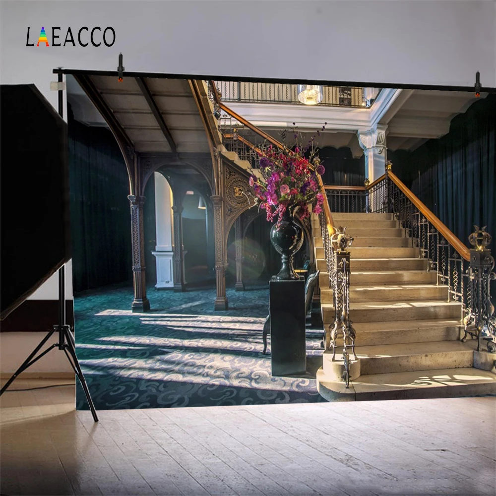 Laeacco Palace Interior Stairs Flowers Arch Door Photography Backgrounds Customized Photographic Backdrops For Photo Studio