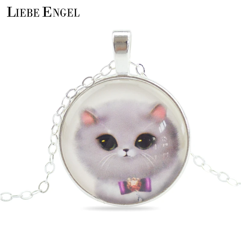 Cute Cat Silver Color Jewelry Classic Glass Cabochon Statement Necklace&Pendants Fashion Collares Fine Jewelry For Women 2015