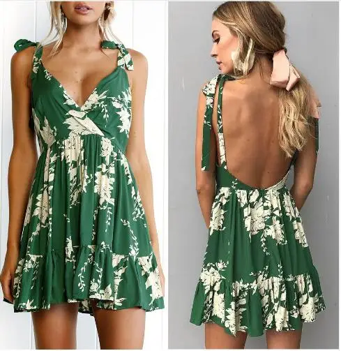 

Summer Dress Women Deep V Neck Sexy Dress Female Backless Sleeveless Print Sexy Dress Bohemia High Waist Mini Dress110