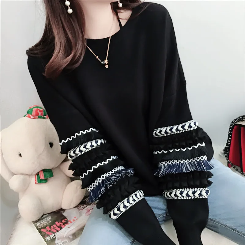 Neploe женский свитер с рюшами на рукавах, однотонный вязаный женский пуловер, Осень-зима, элегантный женский свитер 69380