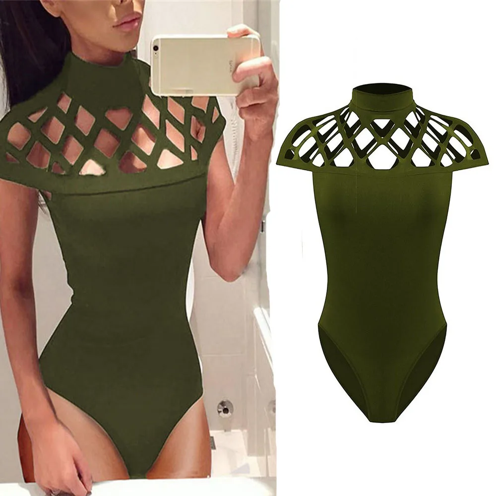 

combinaison femme 2019 Women fashion Choker High Neck Bodycon Caged Sleeves red Bodysuit one piece Tops body feminino Overalls