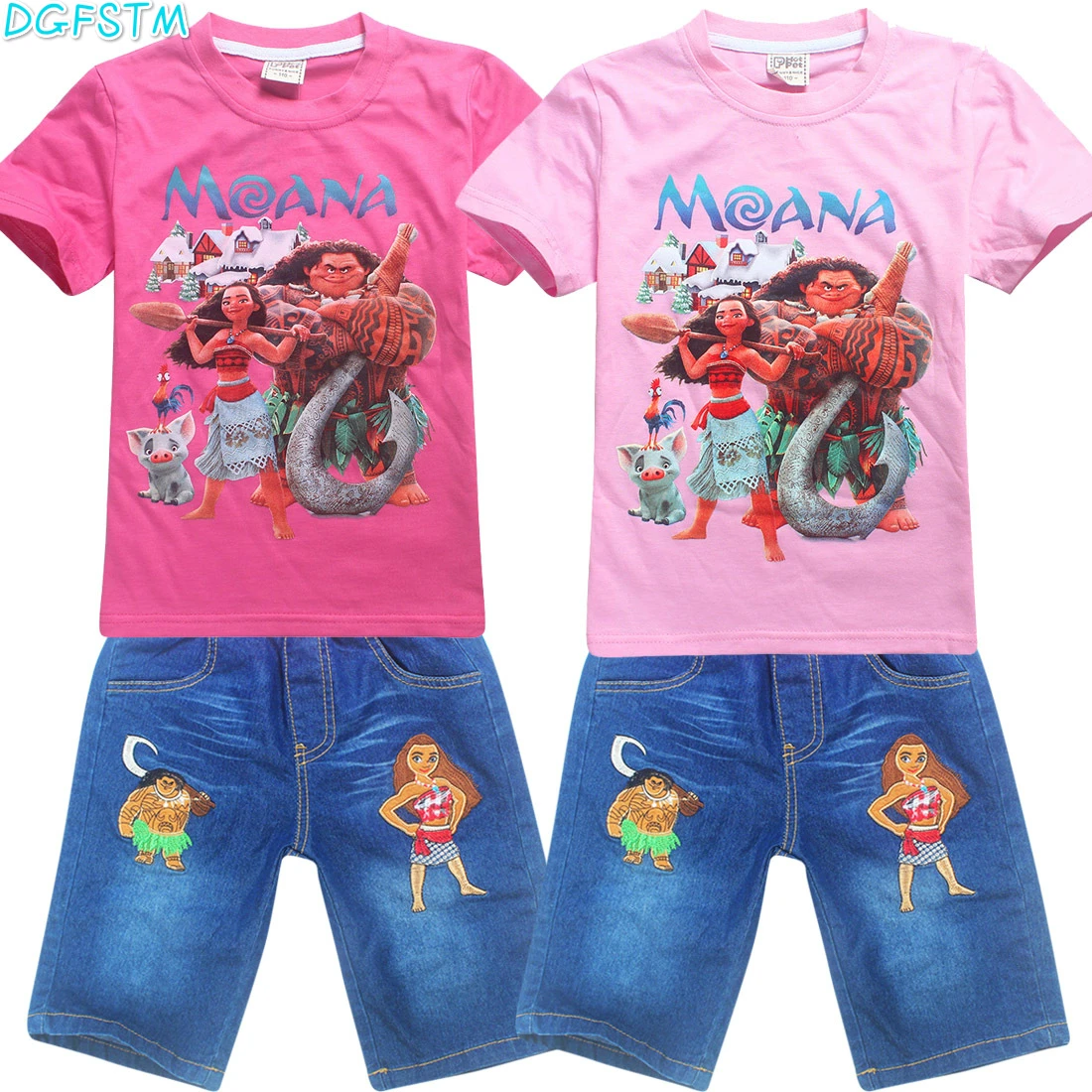 

High Quality Brand New Fashion Moana Girls Clothing Kids Vaiana Clothes Fairy Style Cotton Sleeves Casual T-shirt+Jeans sets