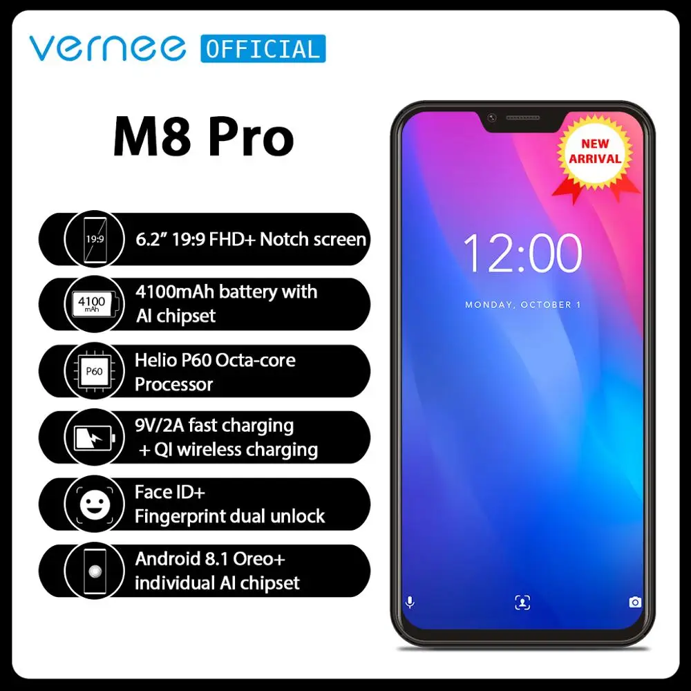 Мобильный телефон Vernee M8 Pro с глобальной вернее экраном 6,2 дюйма, Восьмиядерный процессор, 6 ГБ ОЗУ, двойная камера AI, смартфон с быстрой зарядкой