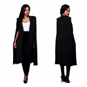 

High Quality Long Cloak Jacket Office Lady Jackets Black Personalized Fashion Women V-Neck Coat Autumn Outerwear Coats