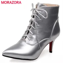 MORAZORA/Новая женская обувь ботильоны однотонные Демисезонные ботинки из лакированной кожи с острым носком на шнуровке спереди; большие размеры 34-43