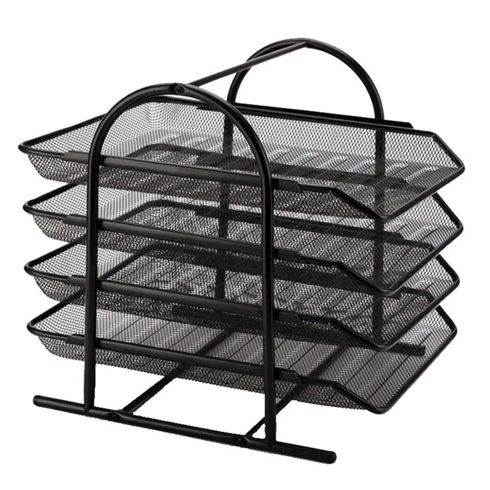 4-Tier File Rack Metal Mesh Letter Tray Scratch-Resistant Stackable Office A4 Paper Organizer Document File Holder U17@Z