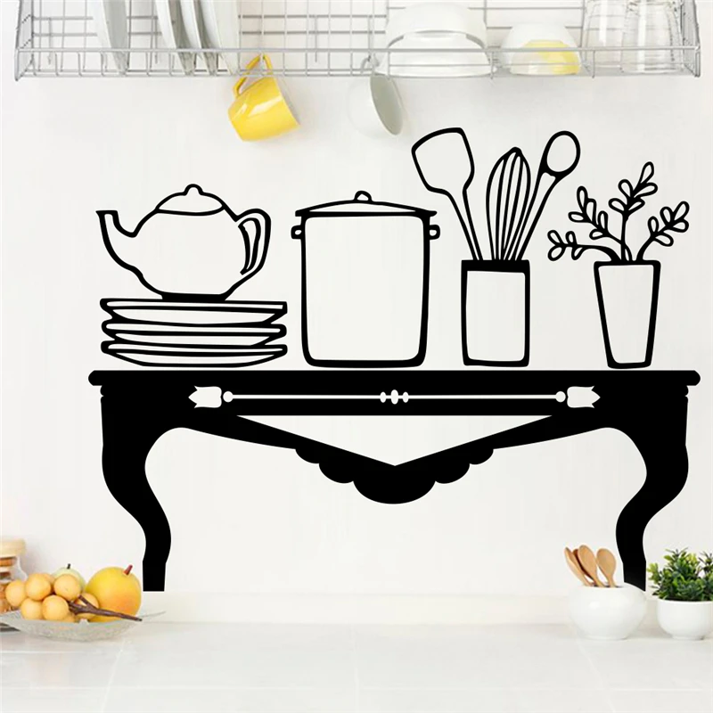 

creative table teapot plate tools black wall decals kitchen dining home decoration vinyl wall stickers diy mural art poster