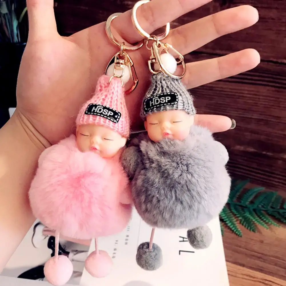 Lovely Cute Wool Fuzzy Sleeping Baby Key Ring Pompom Fur Doll Keychain