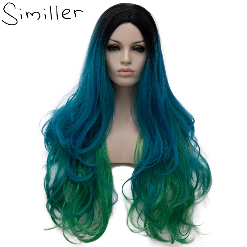 

Similler 30" Wavy Middle Parting Ombre Three Tones Long Synthetic Wigs for Women Cosplay 5 Colors Available Green Purple Pink