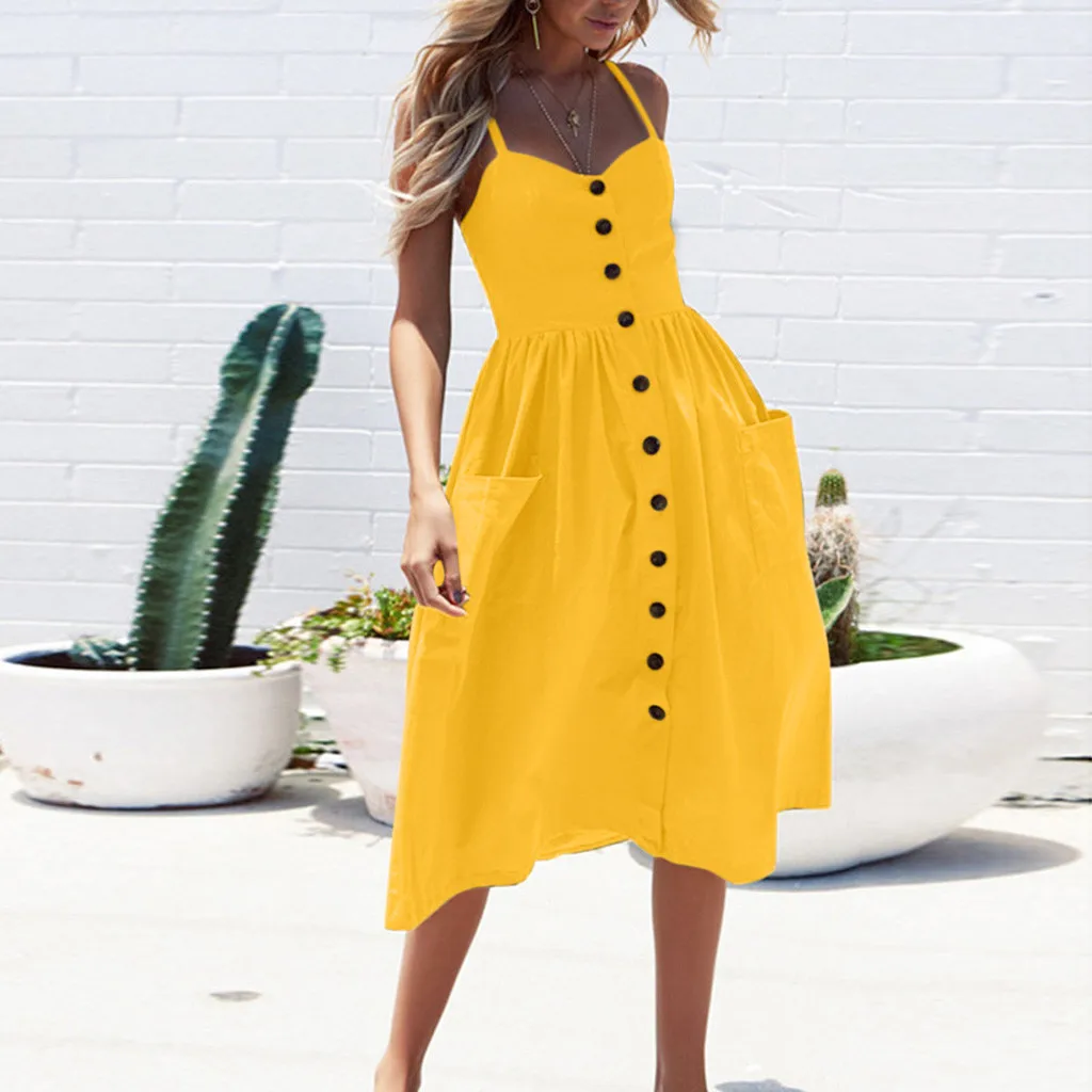 

Women Summer Sexy Buttons Solid Off Shoulder Sleeveless office maxi dresses for women Dress Princess sukienka Dress