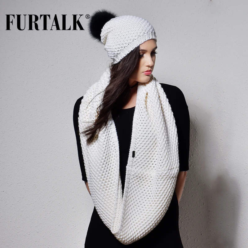 

FURTALK Beanie Hat and Scarf Set Women Real Fox Fur Pompom Hats Wool Knitted Infinity Scarf Fur hat Autumn Winter Girls Hat Cap