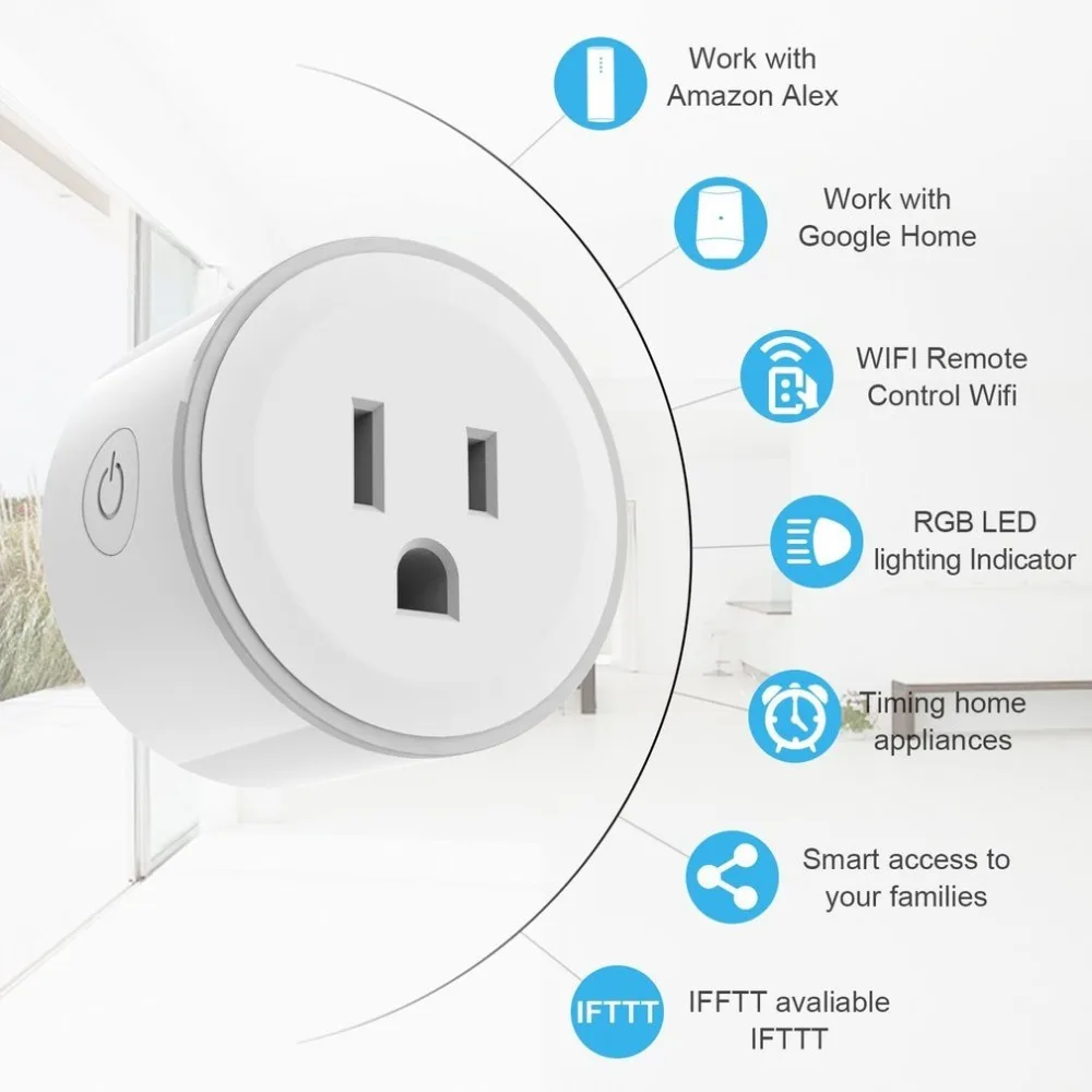 

10A Round Shape WiFi Mini Plug APP Remote Control Timing Smart Socket Works with Alexa & Google Home, AC 100-240V, US Plug