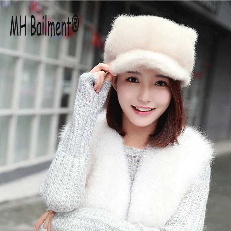 

2017 New Women Mink Fur Hat Genuine Winter Whole Skin Fur Hats Casual Fur Caps Female Russian Beanies Cat Ears Casual Caps H#46