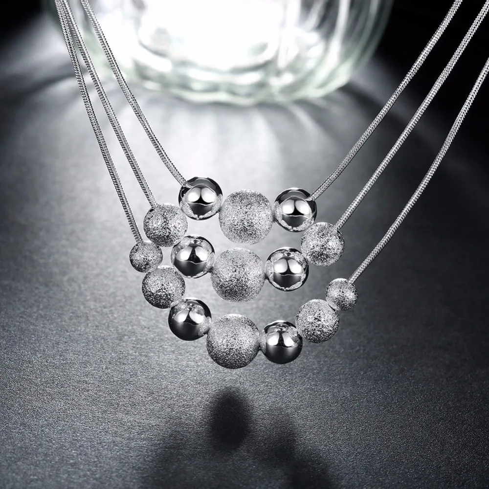 CHUKUI Silver Color Classic Three Chain Light Sand Beads Necklace Three Layers Bead Chain Necklace For Women Wedding Party  (8)