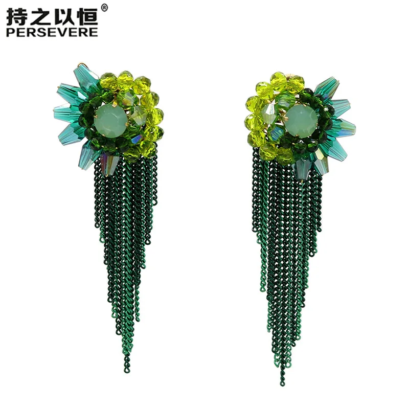 

Crystal Beaded Statement Tassel Earrings Metal Chain Long Dangle Earrings For Women 4 Colors Handmade Boho Earrings 2019 New