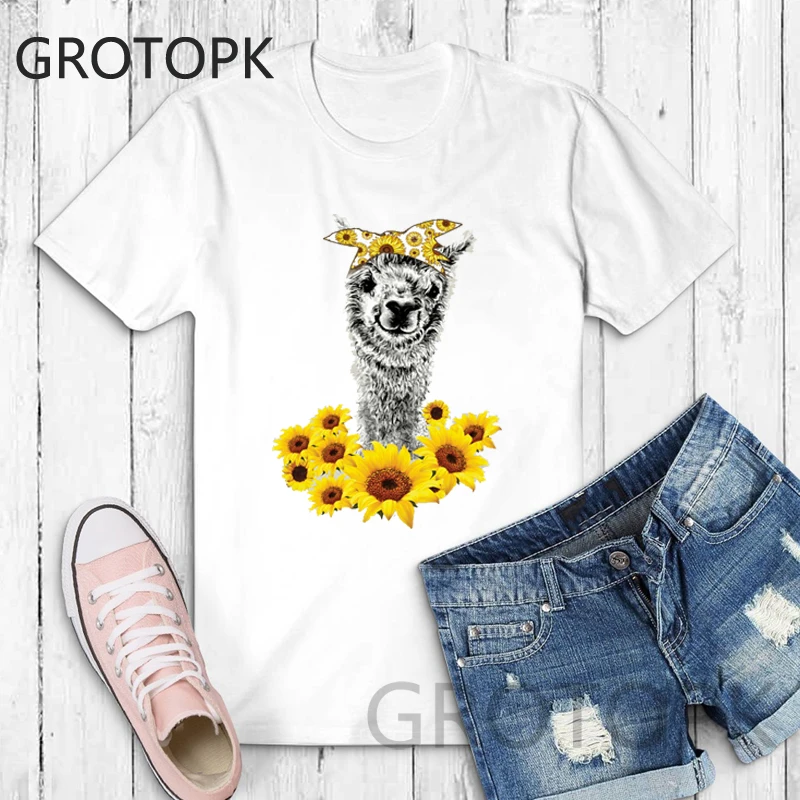 

Aesthetics Sexy Flowers Alpaca Print Harajuku Tops Tees New Summer Sunflower Retro Kawaii Casual Sweet Lady Short-Sleeve T-Shirt