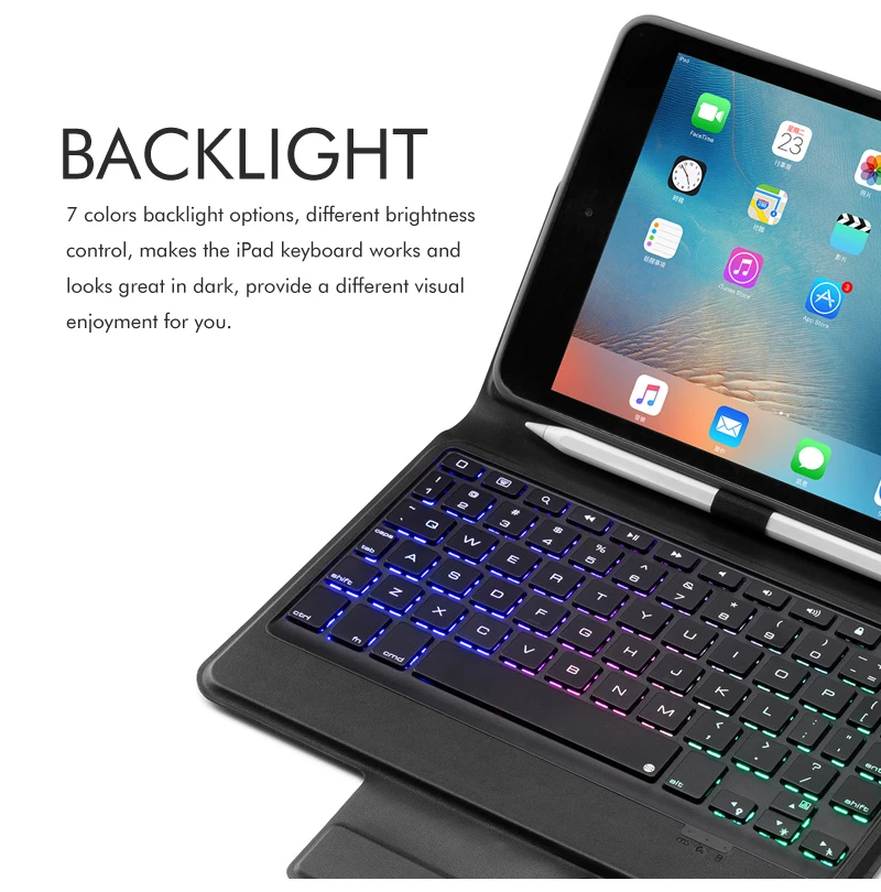 4,0 Bluetooth беспроводной Чехол-клавиатура для iPad Mini 5/iPad mini 4, Премиум чехол-книжка из искусственной кожи с откидной крышкой 7 цветов черного света