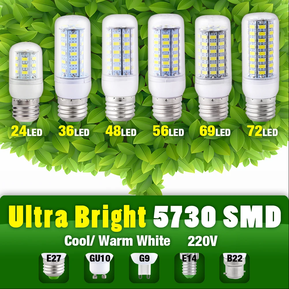 

E27 LED Bulb E14 24 36 48 56 69 72LEDs SMD5730 G9 GU10 B22 Lamp Light AC 220V 230V 240V 5730 Corn Bulb Chandelier Lights