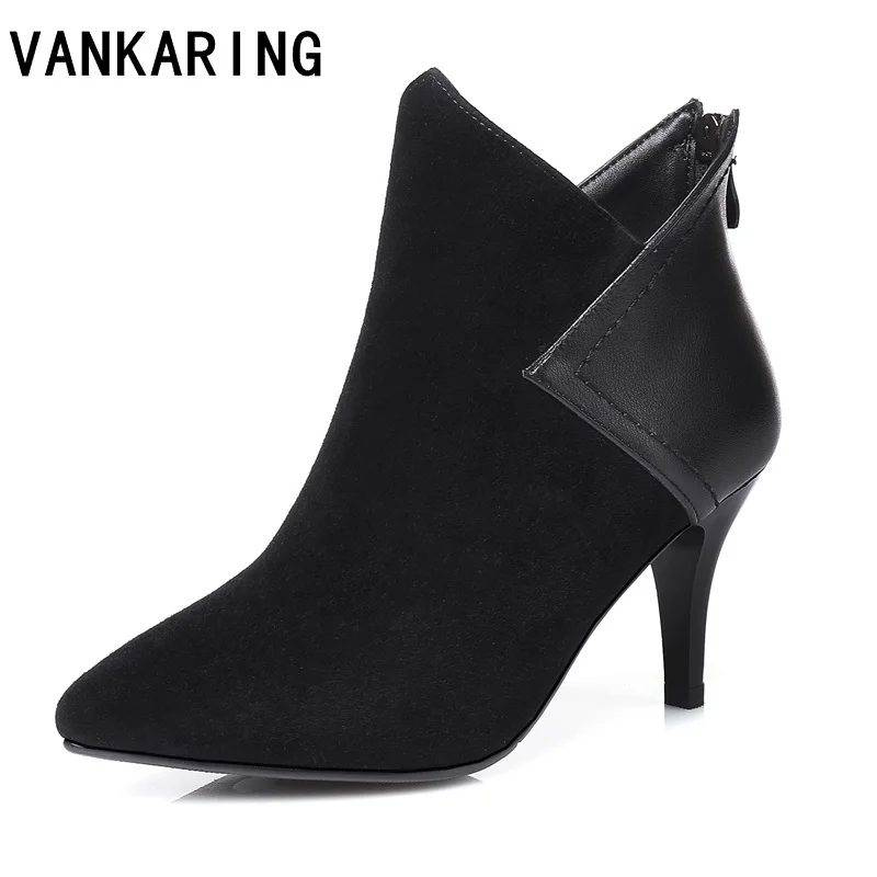 

VANKARING shoes 2019 new autumn winter women ankle boots thick high heels pointed toe black zipper genuine leather riding boots